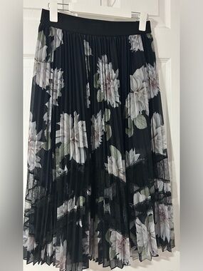 Ted Baker Black Pleated Floral Midi Skirt